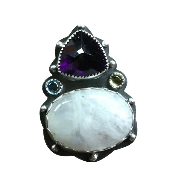 Sterling Silver Ring with Triangle Amethyst, Oval Moonstone, Blue Topaz & Citrine – Size 5 - Image 2