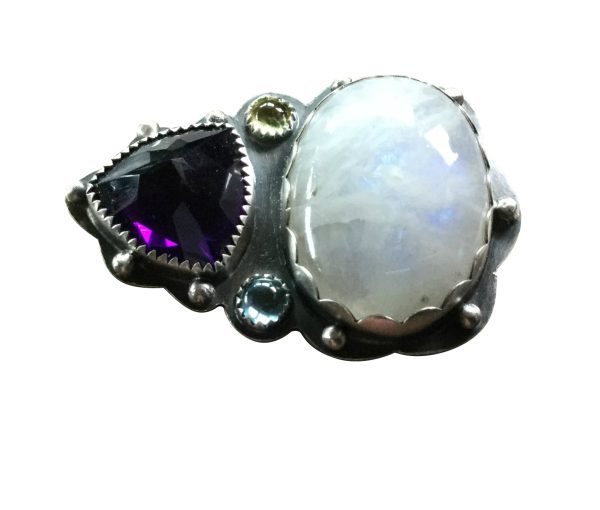 Sterling Silver Ring with Triangle Amethyst, Oval Moonstone, Blue Topaz & Citrine – Size 5