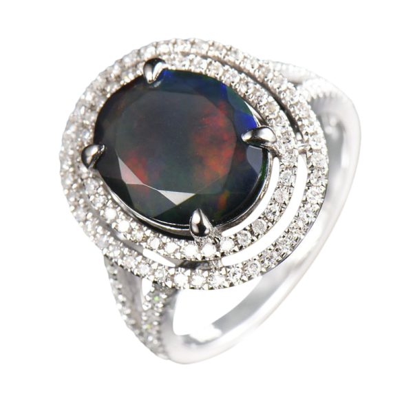 14KT WG Natural Black Opal and Diamond Cocktail Ring - Image 6