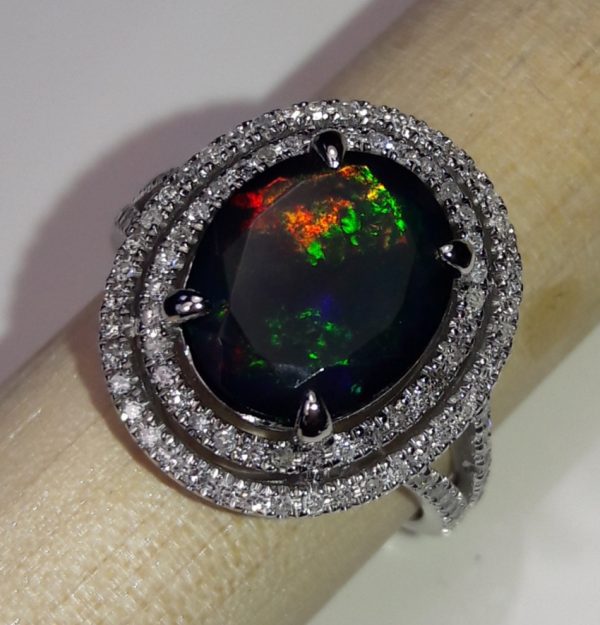 14KT WG Natural Black Opal and Diamond Cocktail Ring - Image 4