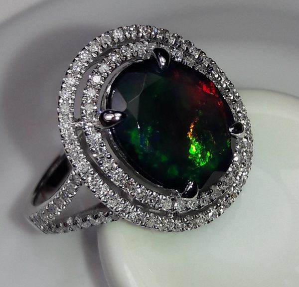 14KT WG Natural Black Opal and Diamond Cocktail Ring - Image 3