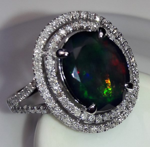 14KT WG Natural Black Opal and Diamond Cocktail Ring - Image 2