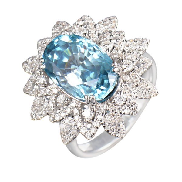 14KT WG Natural Blue Zircon and Diamond Cocktail Ring