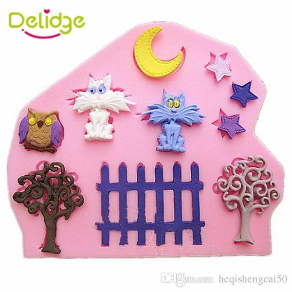 Whimsical Night Garden Silicone Mold – Cats, Trees, Moon & More