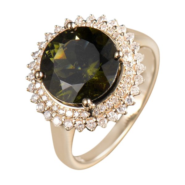 14KT YG Natural Moldavite and Diamond Cocktail Ring