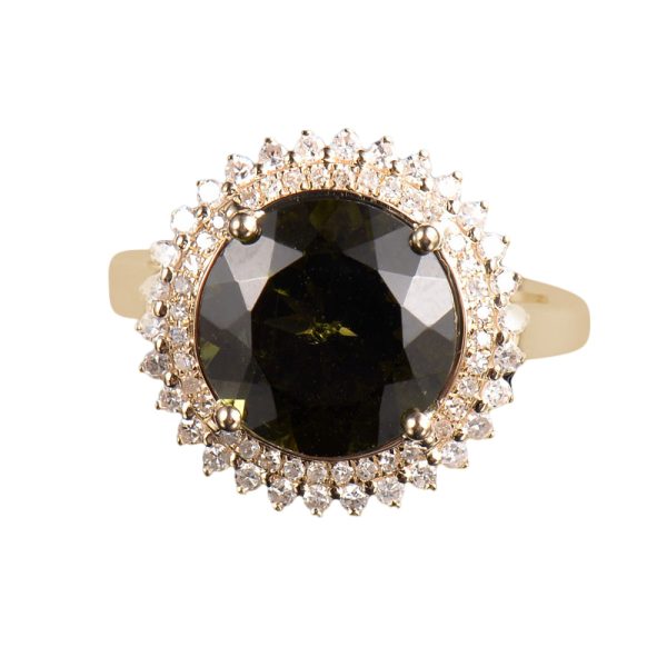 14KT YG Natural Moldavite and Diamond Cocktail Ring - Image 6