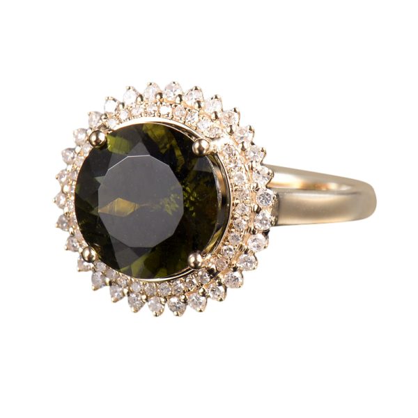 14KT YG Natural Moldavite and Diamond Cocktail Ring - Image 2