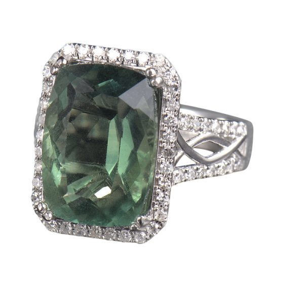 14KT White Gold Green Fluorite & Diamond Cocktail Ring - Image 2