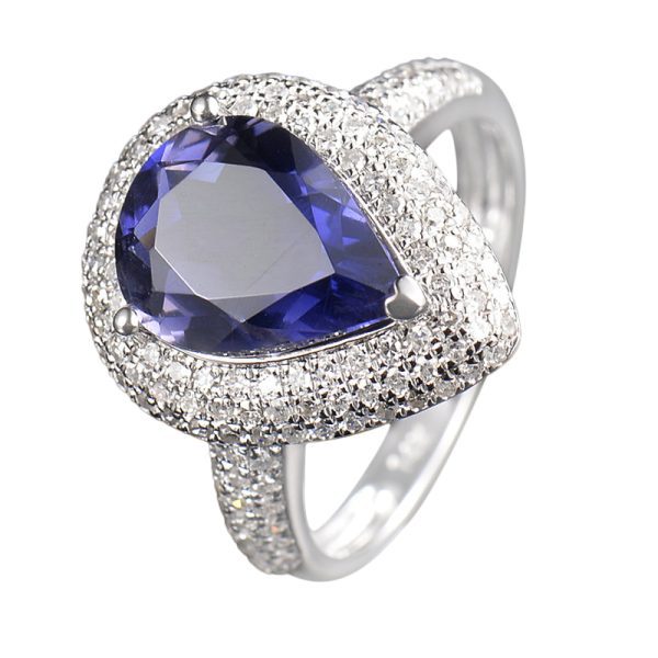 14KT WG Natural Pear Shape Iolite and Diamond Cocktail Ring
