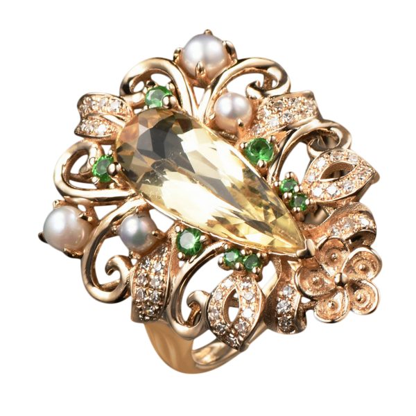 14KT YG Natural Imperial Topaz (Yellow Beryl) and Tsavorite Cocktail Ring