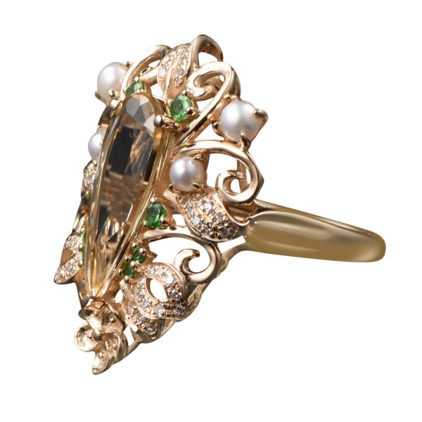 14KT YG Natural Imperial Topaz (Yellow Beryl) and Tsavorite Cocktail Ring - Image 7