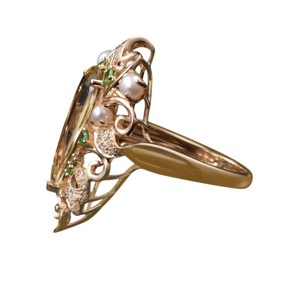 14KT YG Natural Imperial Topaz (Yellow Beryl) and Tsavorite Cocktail Ring - Image 6