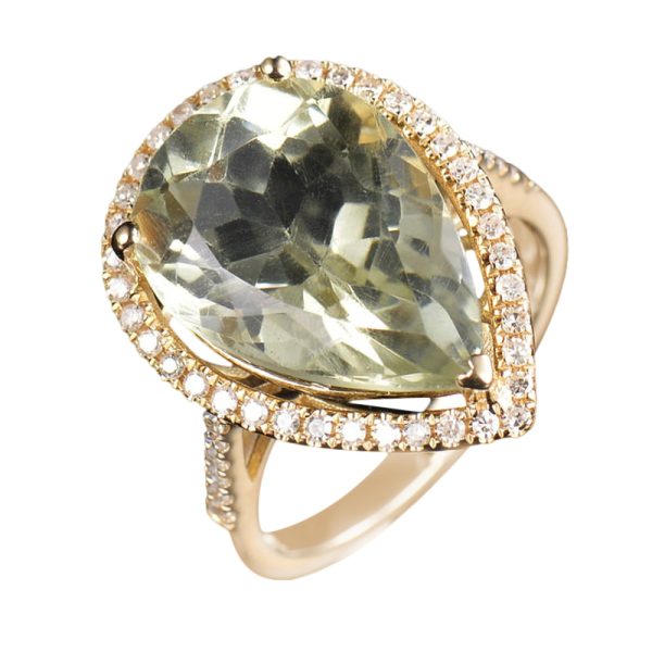 14KT YG Natural Green Amethyst and Diamond Cocktail Ring