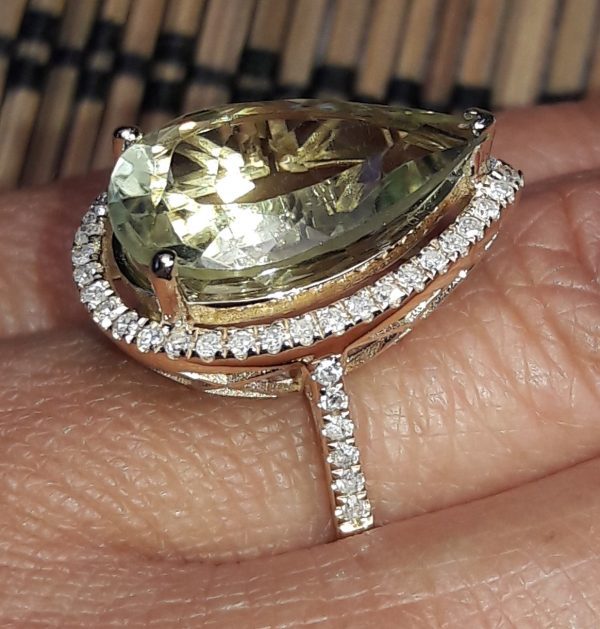 14KT YG Natural Green Amethyst and Diamond Cocktail Ring - Image 5