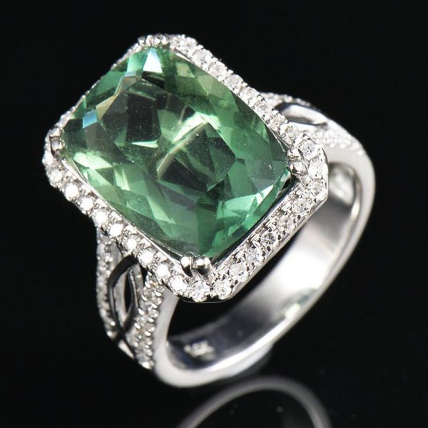 14KT White Gold Green Fluorite & Diamond Cocktail Ring - Image 6