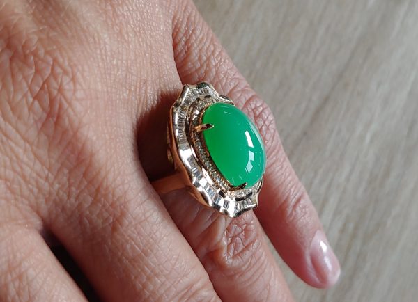 14KT YG Natural Jadeite and Diamond Cocktail Ring - Image 2