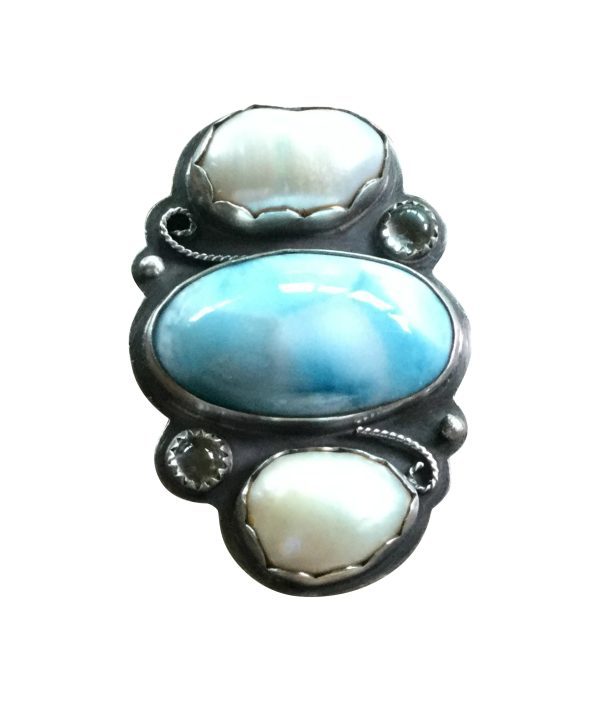 Sterling Silver Ring with Larimar, Pearls, Prehnite & Topaz – Size 5