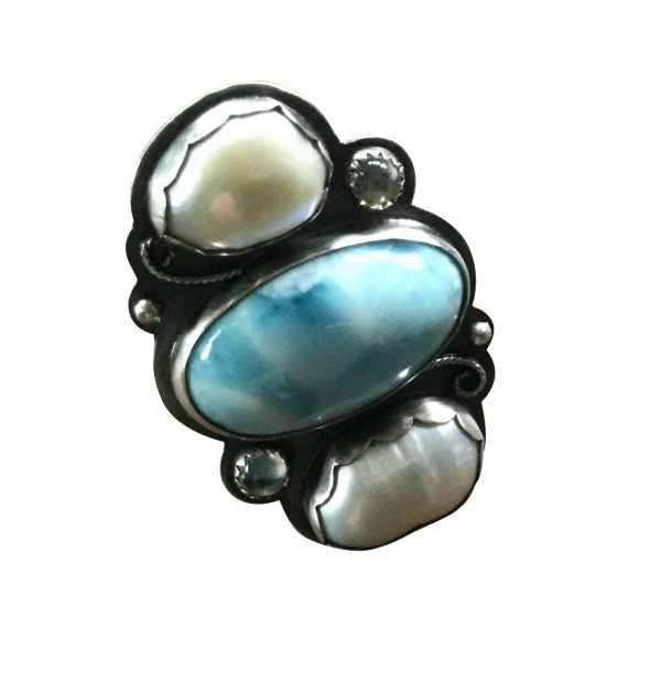 Sterling Silver Ring with Larimar, Pearls, Prehnite & Topaz – Size 5 - Image 5