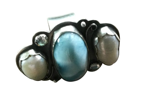 Sterling Silver Ring with Larimar, Pearls, Prehnite & Topaz – Size 5 - Image 4