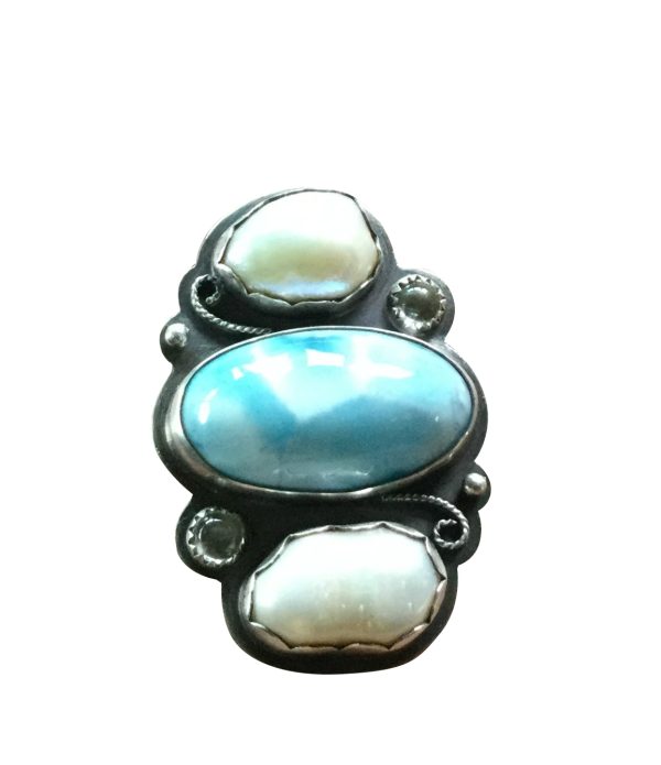 Sterling Silver Ring with Larimar, Pearls, Prehnite & Topaz – Size 5 - Image 3