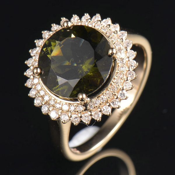 14KT YG Natural Moldavite and Diamond Cocktail Ring - Image 7