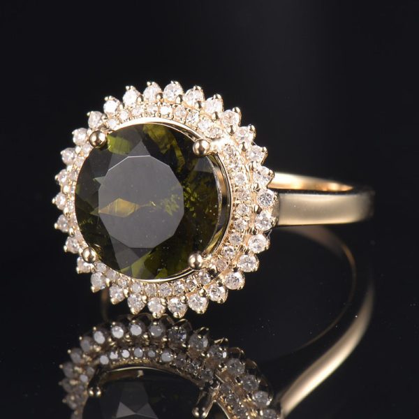 14KT YG Natural Moldavite and Diamond Cocktail Ring - Image 5