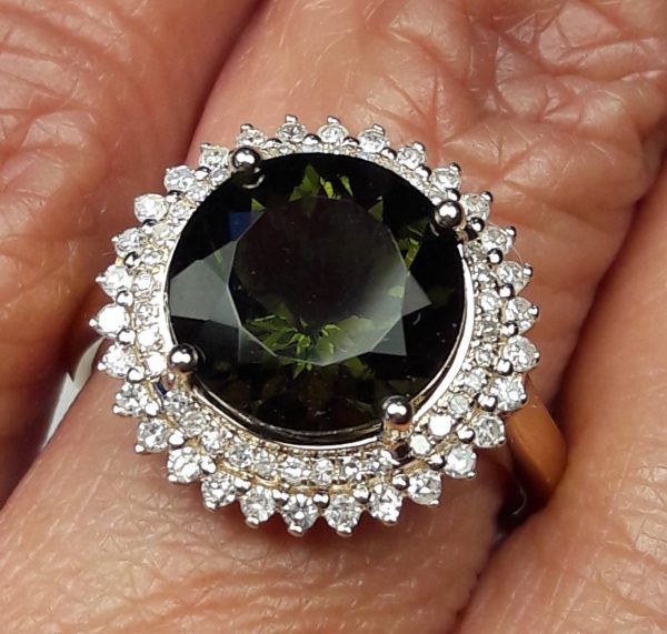 14KT YG Natural Moldavite and Diamond Cocktail Ring - Image 3