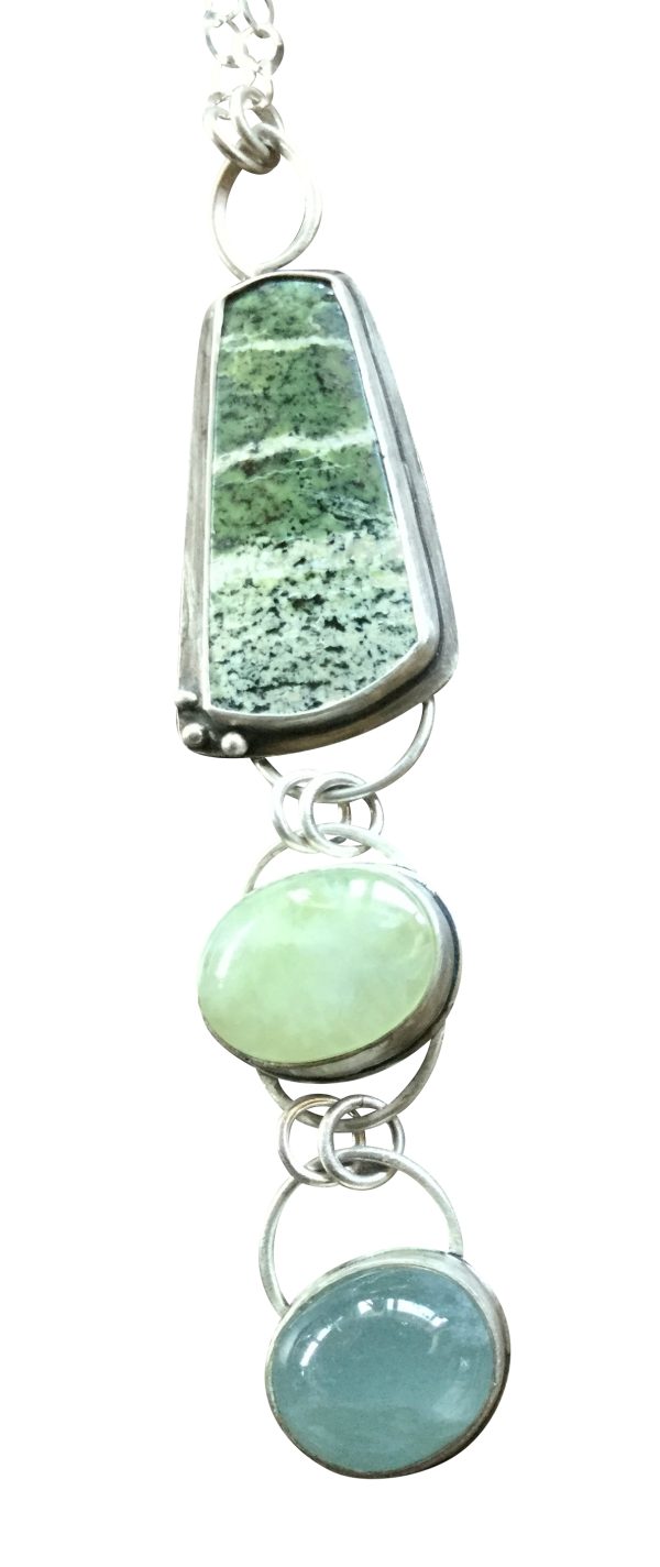 Sterling Silver Necklace with Green Serpentine-Patterned Stone, Prehnite & Aquamarine – 20" Chain - Image 2