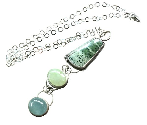 Sterling Silver Necklace with Green Serpentine-Patterned Stone, Prehnite & Aquamarine – 20" Chain