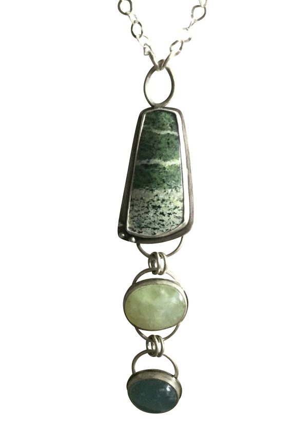 Sterling Silver Necklace with Green Serpentine-Patterned Stone, Prehnite & Aquamarine – 20" Chain - Image 4