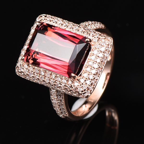 14KT RG Emerald Cut Pink Tourmaline and Diamond Cocktail Ring - Image 7