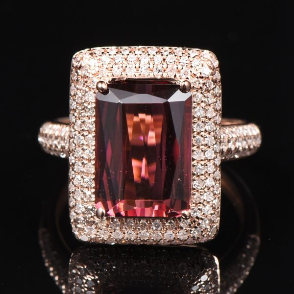 14KT RG Emerald Cut Pink Tourmaline and Diamond Cocktail Ring - Image 6