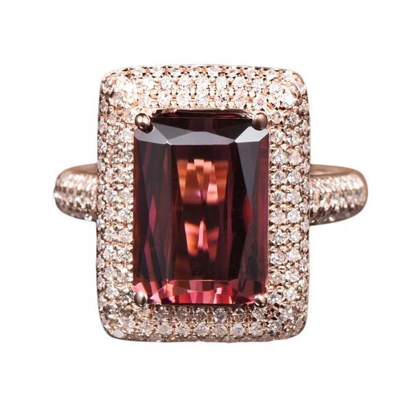 14KT RG Emerald Cut Pink Tourmaline and Diamond Cocktail Ring - Image 5