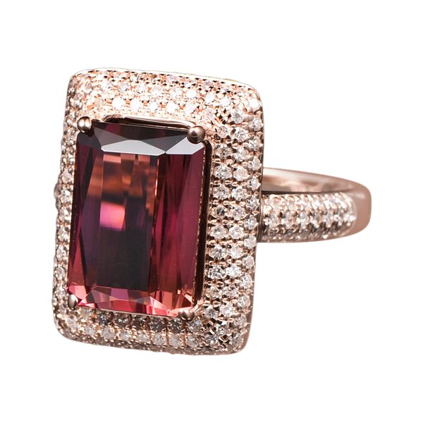 14KT RG Emerald Cut Pink Tourmaline and Diamond Cocktail Ring - Image 4