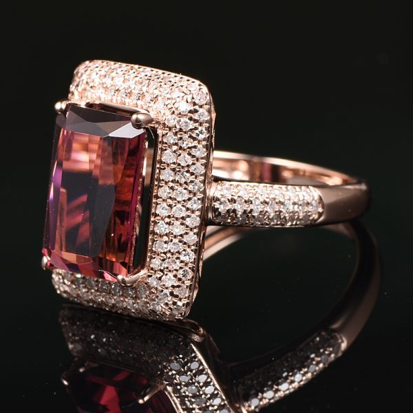 14KT RG Emerald Cut Pink Tourmaline and Diamond Cocktail Ring - Image 3