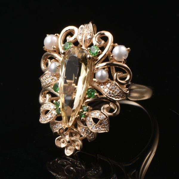 14KT YG Natural Imperial Topaz (Yellow Beryl) and Tsavorite Cocktail Ring - Image 3